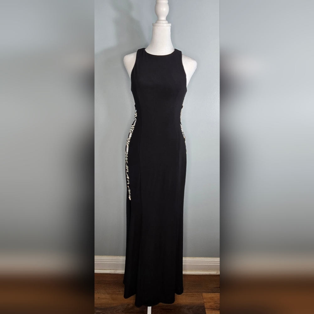 Jovani Black Backless Dress with Silver Accents